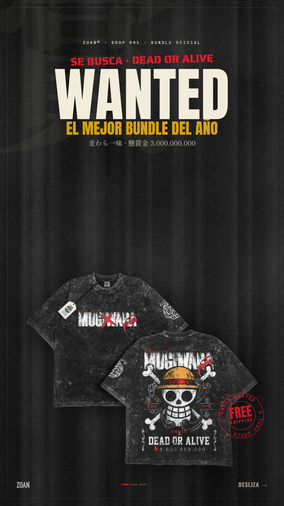 Bundle 001 - Dead Or Alive: Polera Acid Wash Luffy Straw Hat + Tote Bag Mugiwaras + Envío Gratis Todo Chile