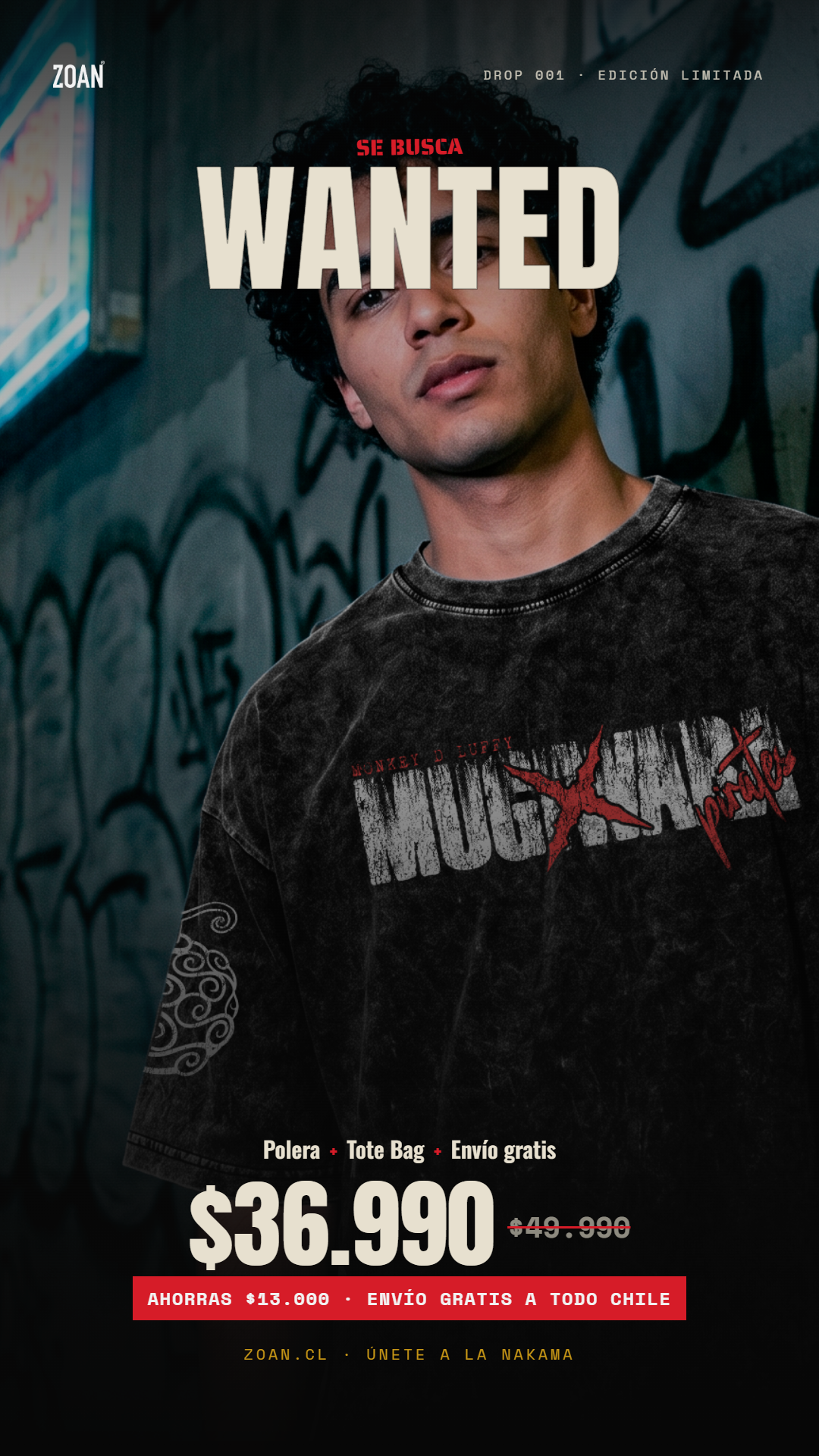 Bundle 001 - Dead Or Alive: Polera Acid Wash Luffy Straw Hat + Tote Bag Mugiwaras + Envío Gratis Todo Chile