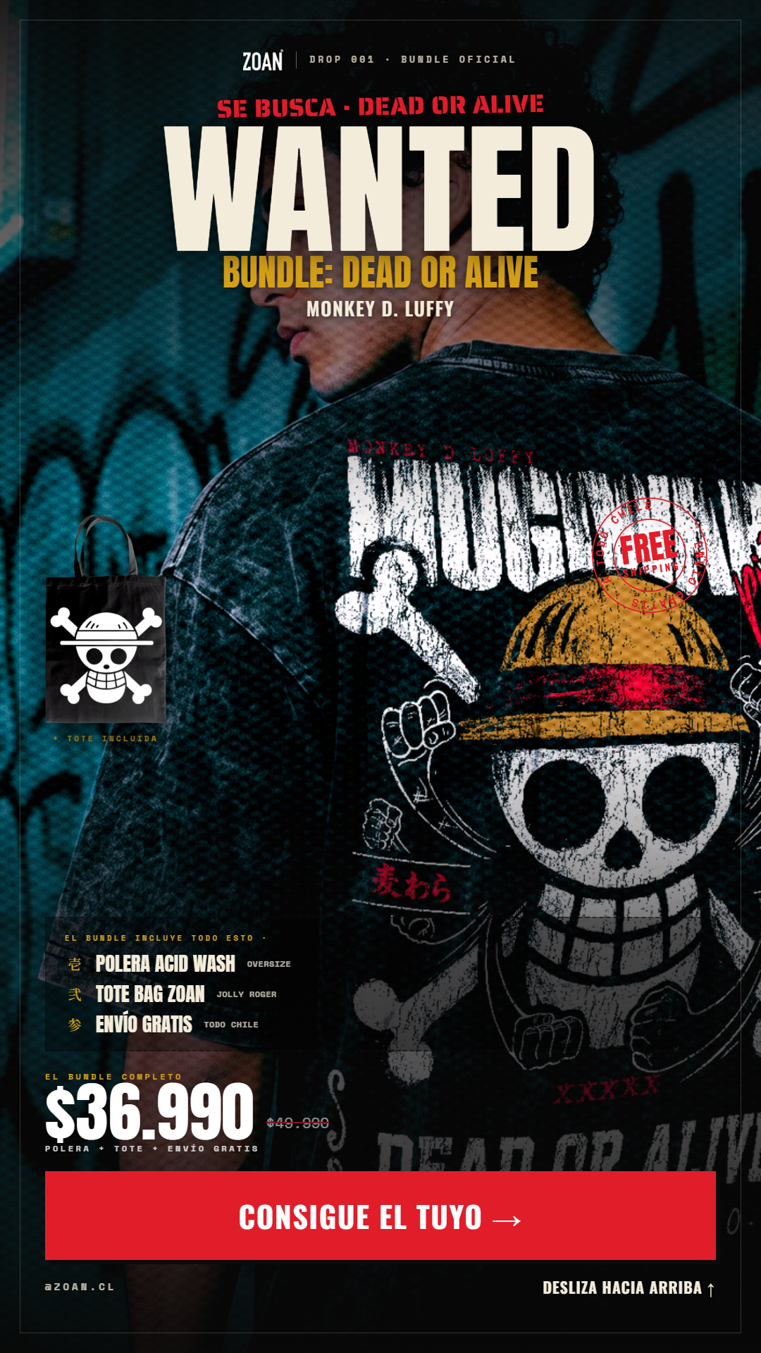 Bundle 001 - Dead Or Alive: Polera Acid Wash Luffy Straw Hat + Tote Bag Mugiwaras + Envío Gratis Todo Chile